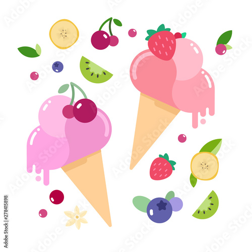 Collection of simple flat style vector illustration of ice cream cones with melting balls decorated with syrup drops, leaves, fruit and berries. Cute ice-cream with farious flavours