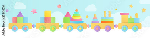 Collection of vector illustrations of eco natural wooden rattles and pacifiers in pastel colors