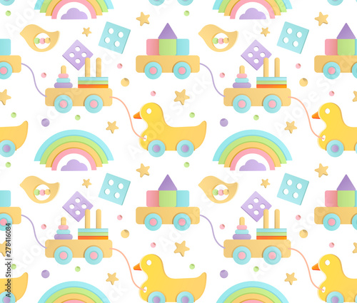 Seamless simple vector backgroung illustrated as pattern comsisting of wooden natural eco toys for babies  © Favebrush