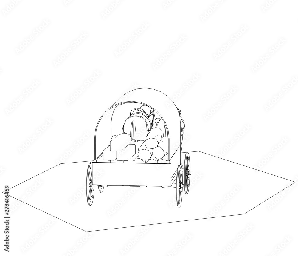 wagon colonists, horse wagon, 3D illustration, sketch, outline wagon colonists, horse wagon, 3D illustration, sketch, outline