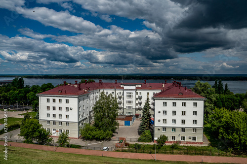 Russia, Samara, travel, embankment, walk, rest, summer, day, city, descent, house, building, style, architecture, sky, clouds, height, space, distance, trees, yard, path, grass