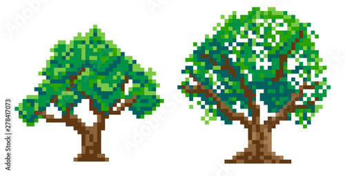 set of 2 pixel trees, pixel art. vector