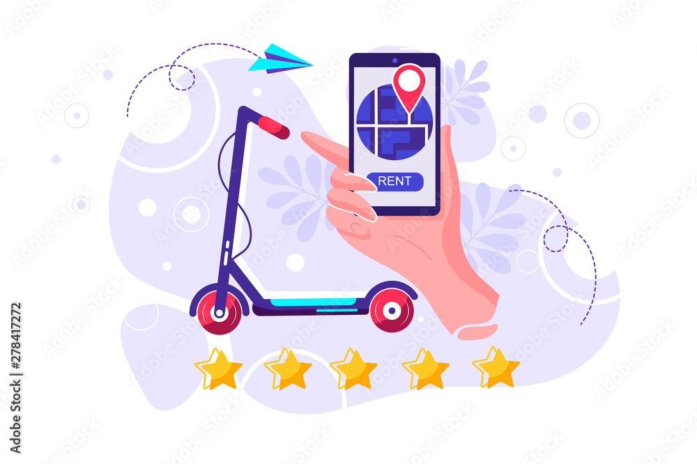 Renting an electric scooter. Hand holding a mobile phone. Urban transportation. Modern technologies. Millennial lifestyle. Flat editable vector illustration, clip ar