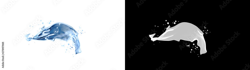 Water splash on the white background and black and white alpha. 3D illustration Water splash on the white background and black and white alpha. 3D illustration