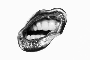 Lip icon. Golden lipstick in white and black concept. Sexy woman. Passion lip. Open mouth with white teeth. Isolated on white background.