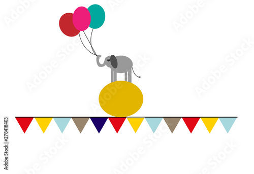 Elephantstanding on a ball with birthday balloons on flags photo