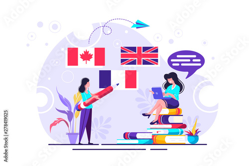 Vector creative illustration of distance learning, online learning, choice of language courses, exam preparation, home schooling