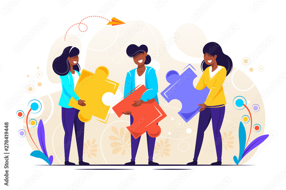 Fototapeta premium Business concept. Team metaphor. people connecting puzzle elements. Vector illustration flat design style. Symbol of teamwork, cooperation, partnership