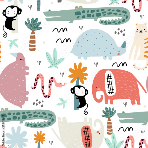 Seamless childish pattern with african animals. Creative scandinavian style kids texture for fabric, wrapping, textile, wallpaper, apparel. Vector illustration