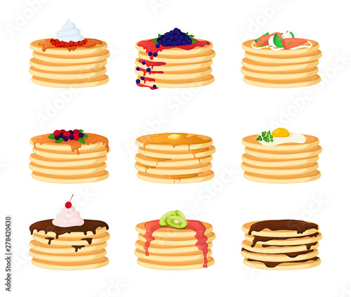 Cartoon Color Pancakes with Different Toppings Set. Vector