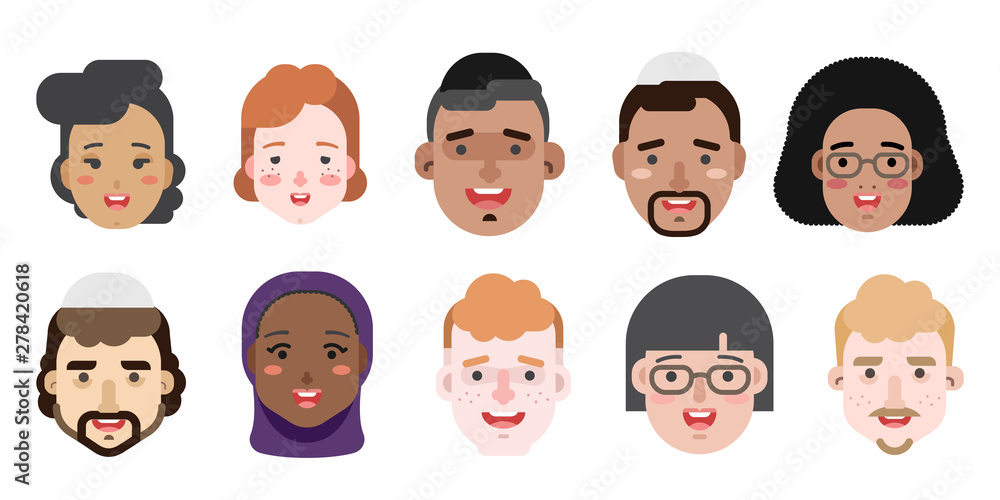 Collection of simple vector illustrations of multiracial and multicultural face avatars. People of different race and nationlities illustrated as characters Collection of simple vector illustrations of multiracial and multicultural face avatars. People of different race and nationlities illustrated as characters