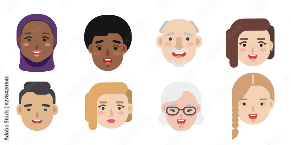 Collection of simple vector illustrations of multiracial and multicultural face avatars. People of different race and nationlities illustrated as characters Collection of simple vector illustrations of multiracial and multicultural face avatars. People of different race and nationlities illustrated as characters