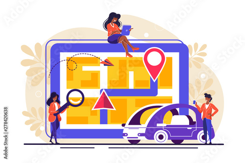 vector illustration flat on white background, search index on navigation, online map on the tablet, get directions, GPS on the city map, mobile application, online car rental