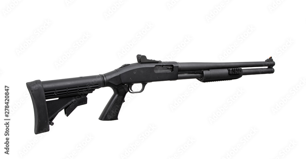 Modern black shotgun isolate on white background. Black tactical shotgun on a light background.
