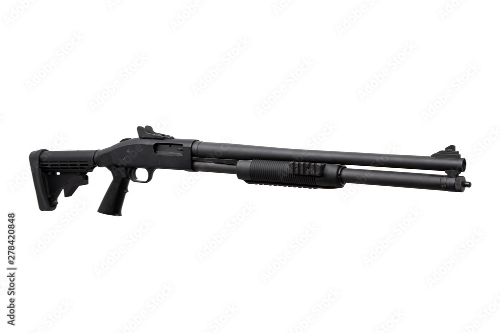 Modern black shotgun isolate on white background. Black semi-automatic shotgun on a light background.