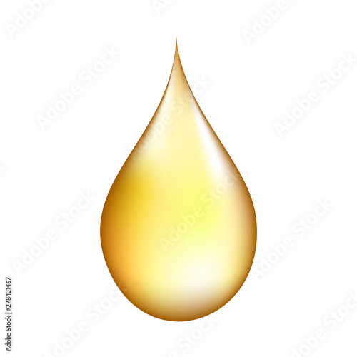 Realistic gold drop on white isolated background. Logo, icon or decorative design element. Vector illustration.