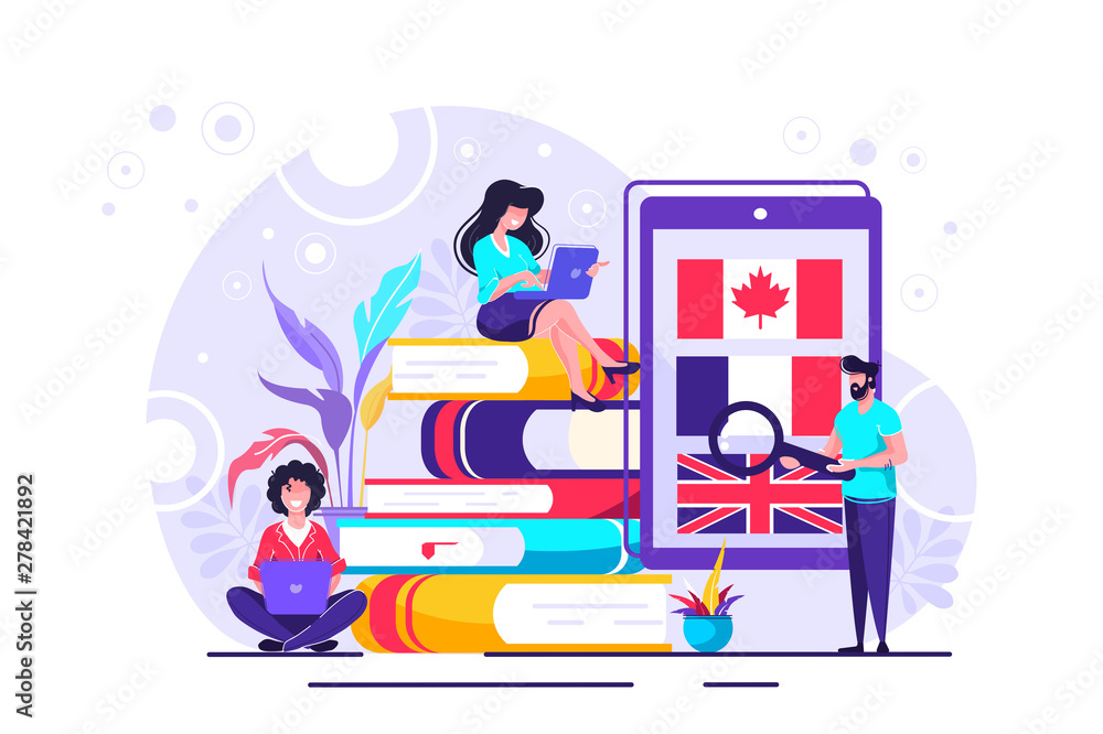 Vector creative illustration of distance learning, online learning, choice of language courses, exam preparation, home schooling Vector creative illustration of distance learning, online learning, choice of language courses, exam preparation, home schooling