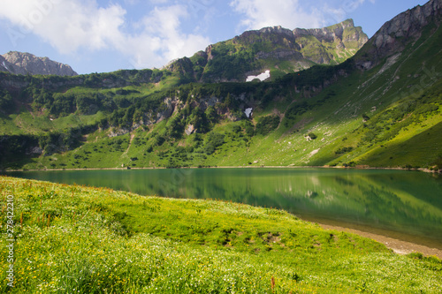 Traualpsee mit Bergwiesen und Gipfel