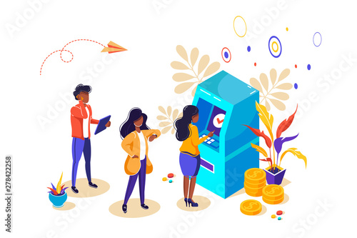 Concept ATM for web page, banner, presentation, social media. Vector illustration, money, management of investment in cards, customer standing near ATM machine