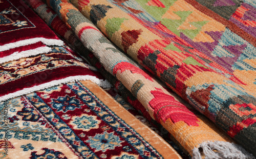 detail of Persian rugs and kilim type for sale in the ethnic mar