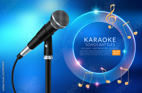 Karaoke party banner with microphone. Vector illustration