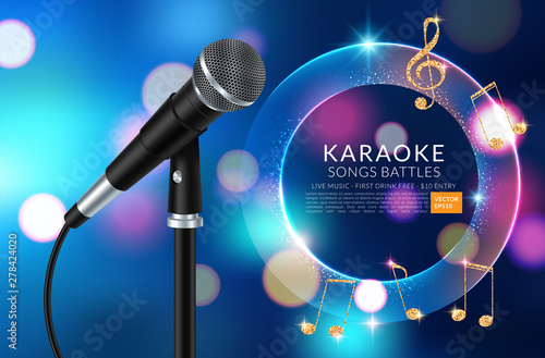 Vector banner with microphone and inscription karaoke party on the art background. Vector illustration