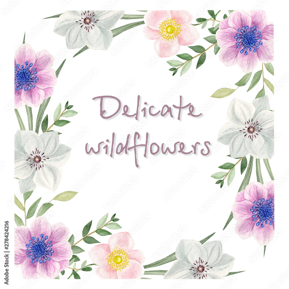  Wild flowers. Watercolor illustration. Composition of wild flowers .Postcard. Invitations.