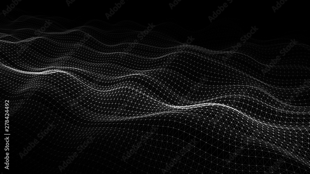 Wave of particles. Abstract background with a dynamic wave. Big data visualization. 3d rendering. Wave of particles. Abstract background with a dynamic wave. Big data visualization. 3d rendering.