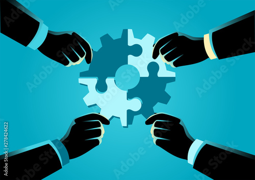 People assembling jigsaw puzzle forming a gear
