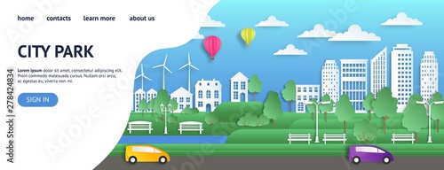 City landing page. Paper UI modern summer town in origami style web page, green nature environment website. Vector template flat clean ecology city landing