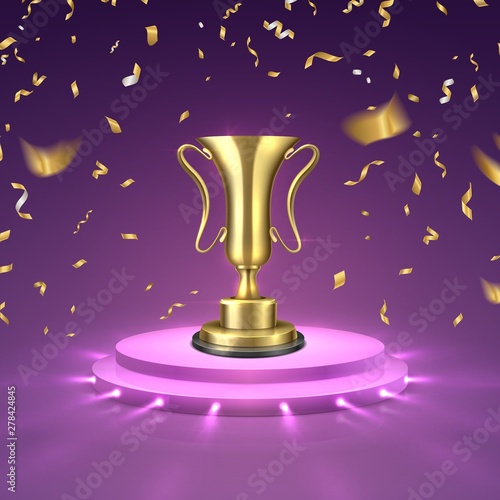 Gold cup on podium. Business or sport competition winner. Honored trophy award cup of stage. Vector illustration golden prize winner contest soffit illuminated