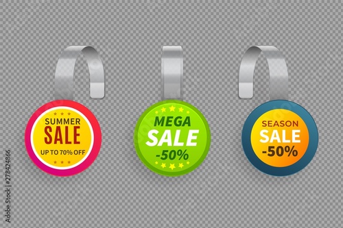 Wobbler sale. 3D template bended wobblers supermarket with price. Discount render store plastic tags vector isolated mockup set