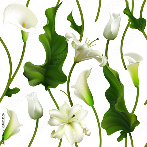 Flowers. Floral background. Seamless pattern. Callas. Lilies. Tulips. Green leaves.