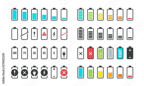 Battery icons. Phone charge level, UI design elements of battery percentage, full low and empty battery status. Vector isolated set phone power from low to full charging