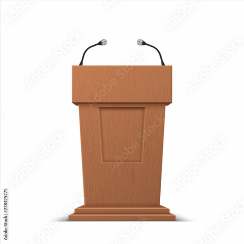 Realistic debate stage. 3D conference speech tribune, business presentation stage stand with microphones. Vector isolated illustration podium for public presenting on white backgrounds