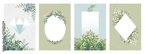 Greenery posters. Trendy floral frames, borders of green leaves and branches, blank wedding cards. Vector invitation watercolour flower elements on background leafs and mosses