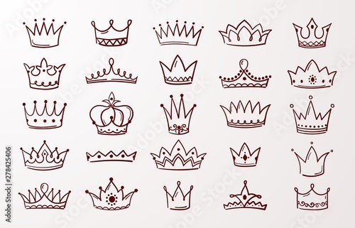 Hand drawn crown set. Sketch queen or king beauty doodle crowns. Vector image vintage ink Jewel tiara isolated icons
