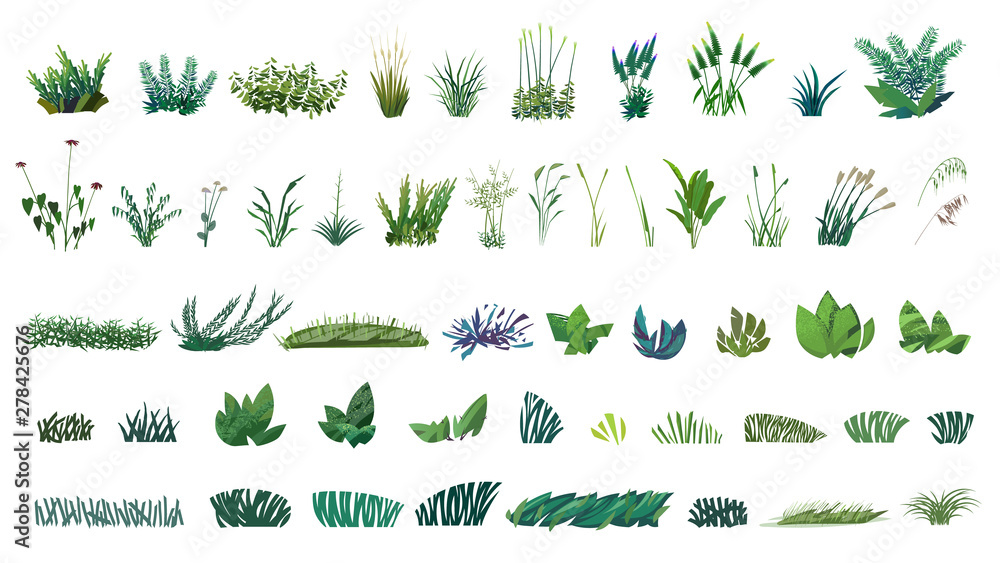 huge collection of stylized isolated green plants for your illustrations - obrazy, fototapety, plakaty 
