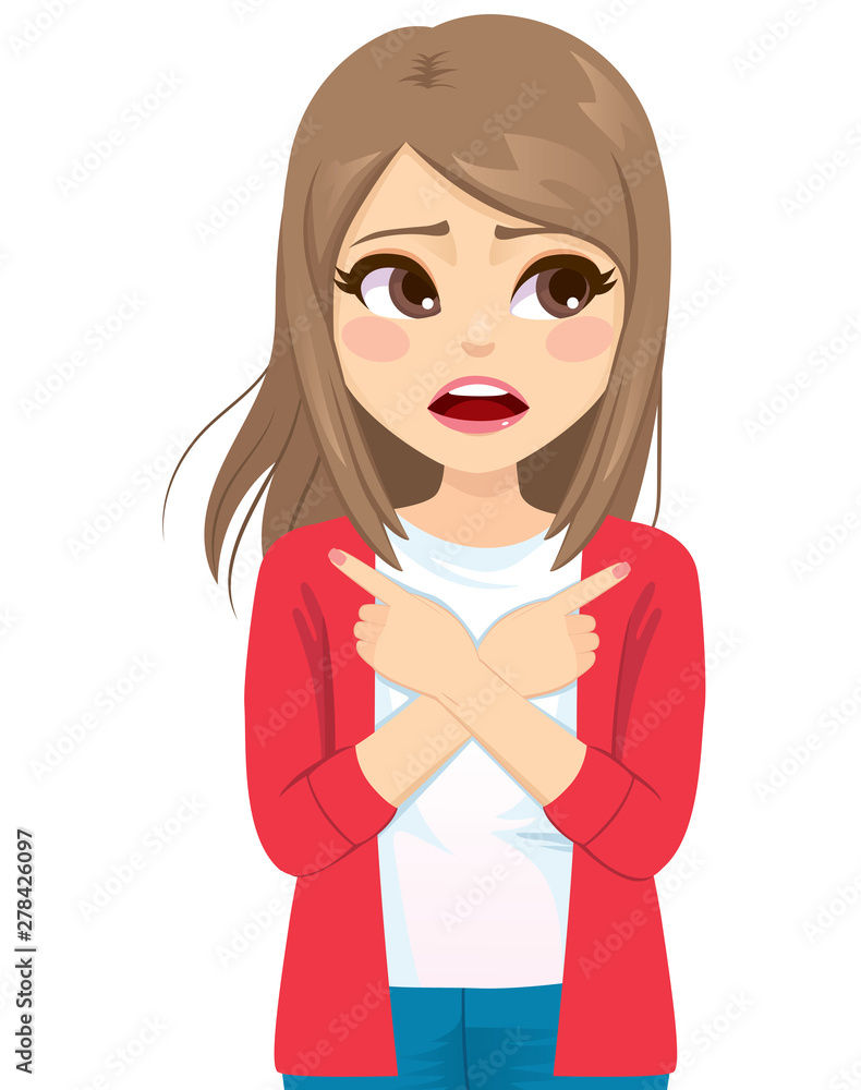 Teenager woman anxious with arms crossed and fingers pointing in left and right direction choosing different ways
