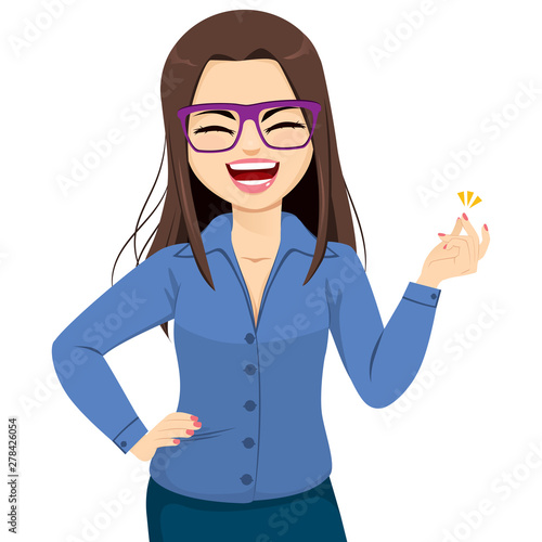 Beautiful happy businesswoman wearing glasses smiling snapping fingers with confidence