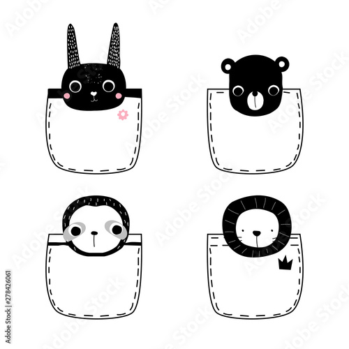 Set of black and white pocket animals. Cute kids prints. Vector hand drawn illustration.