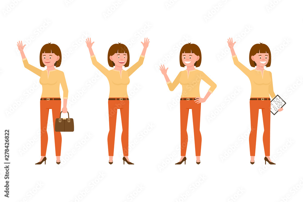 Obraz premium Happy, smiling, pretty brown hair young office woman in orange pants vector illustration. Waving, saying hello, hands up, standing with notes girl cartoon character set on white background