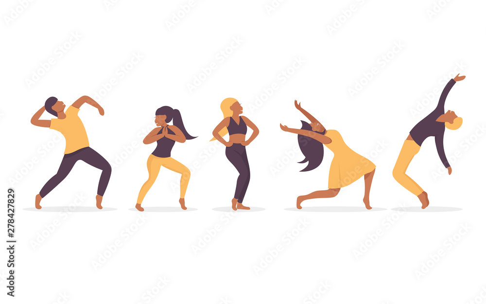 Fototapeta premium Set group of young happy dancing people together male and female dancers isolated on white background. Smiling young men and women enjoying dance party. Flat vector illustration style.