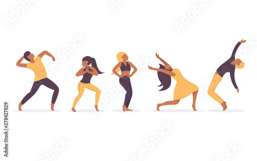 Set group of young happy dancing people together male and female dancers isolated on white background. Smiling young men and women enjoying dance party. Flat vector illustration style.