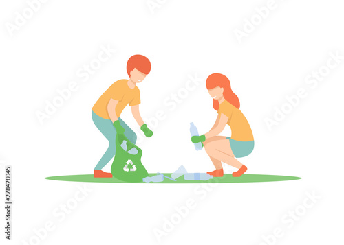 Young guy and girl sort plastic and throws it in a garbage bag, throw out trash, rubbish, volunteers. Flat vector illustration.