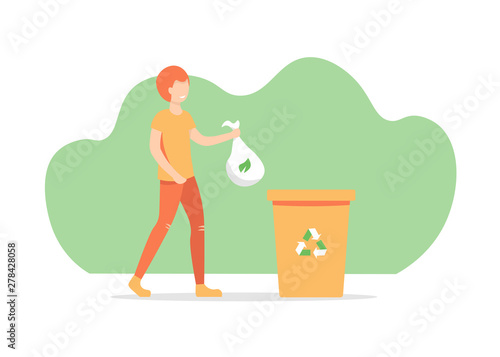 Young guy take out trash, sorting waste and use eco bag. Eco happy boy character. Save the planet, zero waste life style. Vector template, flat vector design, white isolated.
