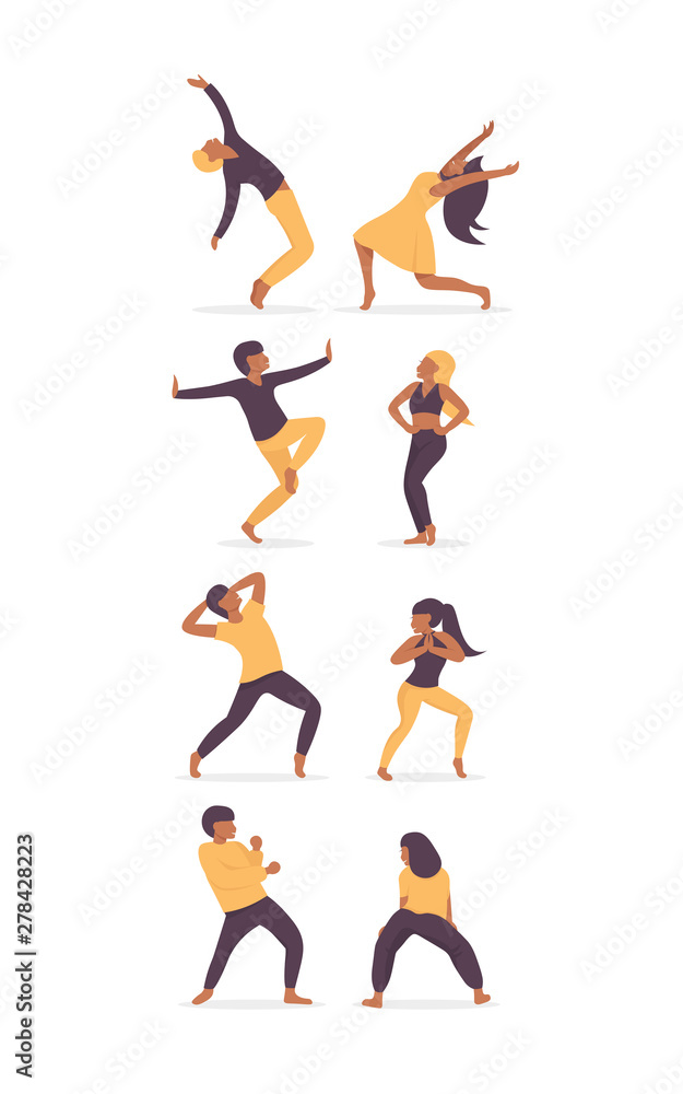 Set group of young happy dancing people together male and female dancers isolated on white background. Smiling young men and women enjoying dance party. Flat vector illustration style.