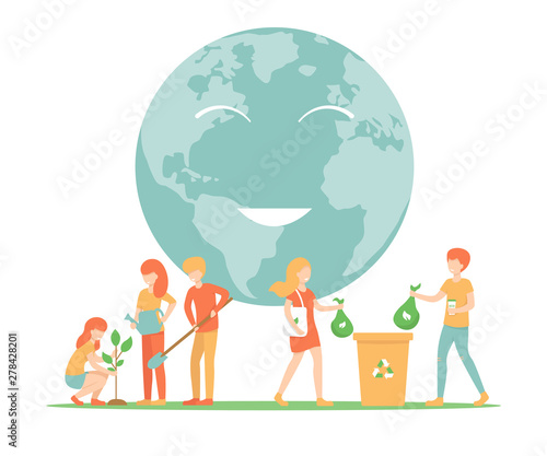 Happy young people plant a tree, girl with eco bag and guy with coffee in reusable glass, throw out rubbish, recycle bin. 