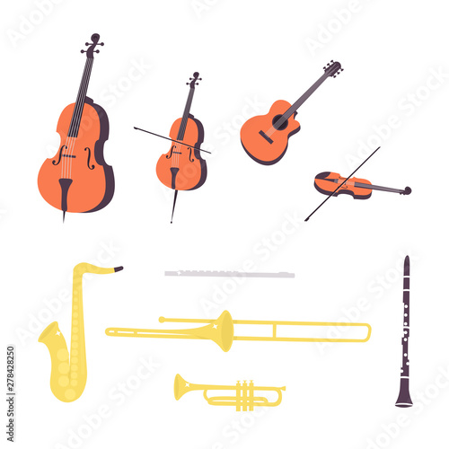 Flat vector illustration in a flat style of set of music instruments, clarinet, saxophone, trumpet, flute, trombone, violin, contrabass, cello, guitar.