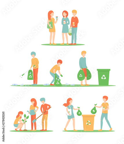 Set a group of young people collect and sort garbage, take out trash, use eco bag and coffee in reusable glass. Volunteers plant trees and care about the frequency of the city. Flat vector design